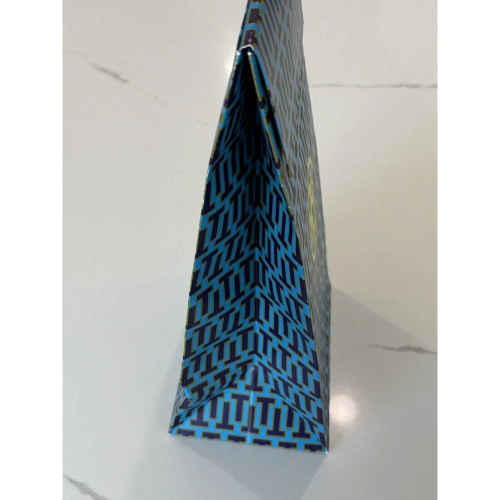 Tory Burch Blue Lime Geometric Gift Bag‎ 13x7x5 Tall Decor Flap Closure EUC